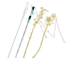 JHKNNK Bâtonnets à Cheveux Chinois en Métal Pompons Fleuris Lot de 4 pour Chignon, Accessoires Coiffure Vintage pour Femmes et Coiffures Asiatiques Élégantes