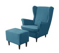 JHLD Housse de Fauteuil à Oreilles Elastique avec Housse de Pouf, Velours Housse de Fauteuil d'oreille 2 pièces Housse pour Fauteuil 1 pièce Housse de Repose-Pieds -Paon Bleu-3 pièces