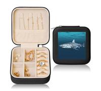 JHLMN Boîte à bijoux de voyage en cuir pour femme - Superbe motif requin blanc - Mini boîte de rangement portable à bijoux avec fermeture éclair pour boucles d'oreilles, bracelets, bagues et colliers