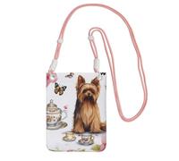 JHLMN Petit sac à bandoulière pour femme - Mini portefeuille pour téléphone portable - Yorkshire Terrier - Thé - Papillons et roses - Sac pour téléphone portable