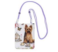 JHLMN Petit sac à bandoulière pour femme - Mini portefeuille pour téléphone portable - Yorkshire Terrier - Thé - Papillons et roses - Sac pour téléphone portable