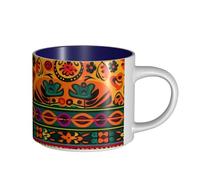JHLMN Tasse à café en céramique de 445 ml avec grande poignée - Art folklorique mexicain bohème - Grande tasse de voyage en porcelaine pour homme et femme
