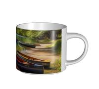 JHLMN Tasse à café en céramique de 445 ml avec grande poignée - Tasses à thé - Motif lac avec bateaux, canoës, parc - Grande tasse de voyage en porcelaine pour homme et femme