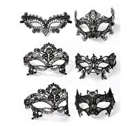 JHOSFA Lot de 6 masques loup en dentelle noire, masque vénitien pour bal masqué et carnaval, masque déguisement Halloween, masque sexy ajustable pour couple, homme et femme, fête costumée