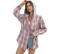 Jhsnjnr Chemise en flanelle surdimensionnée pour femme - Sweat à capuche boutonné - Col en V - Haut tendance - Manches longues - Chemisier à carreaux, Rose, XL
