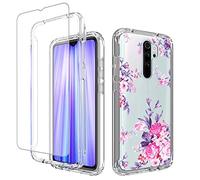 Jhxtech Coque pour Redmi Note 8 Pro, M1906G7I avec protection d'écran en verre trempé, joli motif floral transparent, coque de protection intégrale pour Xiaomi Redmi Note 8 Pro (fleur rose)