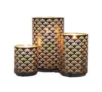 JHY Design Lot de 3 Porte-ouragan en métal 11 & 15 & 22 cm Haut avec Motif en éventail Designs Décoratif Home Plant Terrarium Table Curio Case Shadow Box Idéal pour Le Mariage (Cuivre)