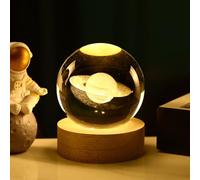 JHzood Lampe Décorative Veilleuse Boule De Cristal 3d, Système Solaire Planètes, Boule De Cristal Avec Base, Sphère Décoration De Table Artisanat (Saturn)