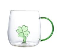 JHzood Mug Verre 3D Mignon,Mug en Verre Borosilicate 3D,Résistant à la Chaleur, Base Stable Anti-Renversement,Plusieurs Designs,Pour Café & Thé,Plusieurs Designs (Four-Leaf Clover)