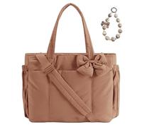 JIABAOZ Crush Bow Tote Bag, Puffy Lightweight Purse for Women, Puffy Quilted Shoulder Bag, Fashion Tote with Bow for Daily Use Work Gym Grocery Trave (Brown)