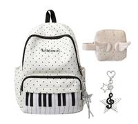 JIABAOZ Polkadot Piano Backpack, Piano Polka Dot Print Y2K School Backpack with Pendant, Large Capacity Lightweight Bookbag for School, Travel and Work (White Set)