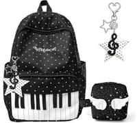 JIABAOZ Polkadot Piano Backpack, Piano Polka Dot Print Y2K School Backpack with Pendant, Large Capacity Lightweight Bookbag for School, Travel and Work (Black Set)