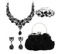 JIABAOZ Sac De Soirée Motif Rose Ensemble Bijoux Collier Bracelet Boucles D’oreilles Tenue Cérémoniale Mariage Gala Cocktail Événements Féminins (Noir)