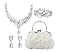 JIABAOZ Sac De Soirée Motif Rose Ensemble Bijoux Collier Bracelet Boucles D’oreilles Tenue Cérémoniale Mariage Gala Cocktail Événements Féminins (Blanc)