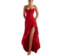 JIABAOZ Women's Off Shoulder Satin Prom Dress Long Spaghetti Straps Ruffles Mermaid Formal Evening Dress with Slit Elegant Cocktail Prom (Red,S)