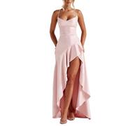 JIABAOZ Women's Off Shoulder Satin Prom Dress Long Spaghetti Straps Ruffles Mermaid Formal Evening Dress with Slit Elegant Cocktail Prom (Pink,S)