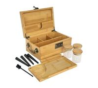JIABOLANG Boîte en bambou avec serrure à combinaison et accessoires - 3 pots anti-odeurs, 4 tubes, plateau à roulement, brosse, pochette anti-odeurs - Ensemble de rangement d'accessoires pour herbes