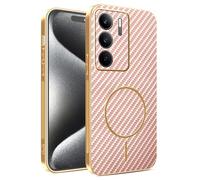 JIAFEI Coque pour Realme C75 4G, Magnétique Cuir avec Cadre Galvanisé Étui, Fibre Texture de Carbone Housse, Protection de L'objectif Améliorée, Rose