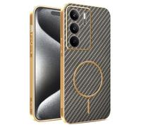 JIAFEI Coque pour Realme C75 4G, Magnétique Cuir avec Cadre Galvanisé Étui, Fibre Texture de Carbone Housse, Protection de L'objectif Améliorée, Marron