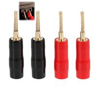 JiaHeHe 4 Pièces Fiche Banane 2mm Flexible, Plaqué Or, Connecteur Audio Enceinte et Amplificateur avec Manchon Silicone Rouge Noir, Prise Banane Tressée, Compatible HiFi, Sans Soudure