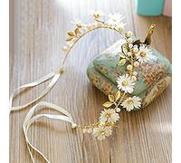 JIAHEY Bandeau Couronne de Fleurs Marguerite Bijoux Cheveux Mariage Doré Perles Cristal avec Ruban Accessoire Cheveux Mariage Serre Couronne Fleur Cheveux Tête Headband Femme Enfant Mariée Demoiselles