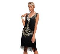 JIAHG 1920s Gatsby Robe à Franges Cocktail Bal Soirée Femme Vintage Robe à Flapper des années 1920s à Paillettes au Genou Col Rond Jupe à Sequin Sexy Costume de Danse Tango Latine Samba