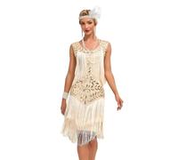 JIAHG 1920s Gatsby Robe à Franges Cocktail Bal Soirée Femme Vintage Robe à Flapper des années 1920s à Paillettes au Genou Col Rond Jupe à Sequin Sexy Costume de Danse Tango Latine Samba