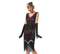 JIAHG 1920s Robe de Soirée à Franges Vintage Gatsby Robe Flapper à Paillettes sans Manche Col V au Genou Femme Sexy Costume des années 1920 au Club Bal Cocktail Disco Jupe de Danse Latine Tango Samba