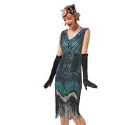 JIAHG 1920s Robe de Soirée à Franges Vintage Gatsby Robe Flapper à Paillettes sans Manche Col V au Genou Femme Sexy Costume des années 1920 au Club Bal Cocktail Disco Jupe de Danse Latine Tango Samba