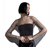 JIAHG Boléro à Paillettes Visible Sexy Femme Boléro en Résille à Manche Longue Haut en Maille avec Strass Scintillant Haut de Danse Jazz Latine Blouse à Sequin Tenue de Night Club Bar Plage