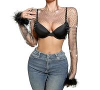 JIAHG Boléro à Paillettes Visible Sexy Femme Boléro en Résille à Manche Longue Haut en Maille avec Strass Scintillant Haut de Danse Jazz Latine Blouse à Sequin Tenue de Night Club Bar Plage