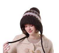 JIAHG Bonnet Femme Hiver Tricoté avec Pompon Bonnet Péruvien Imprimé Florale Chapeau de Trappeur Doublure en Polaire Chaud Contre Froid