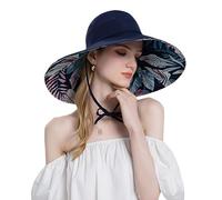 JIAHG Capeline Femme Pliable été Chapeau de Soleil Large Bord UV Protection Chapeau de Plage à Motif Imprimé Casquette Visière avec Cordon Coupe-Vent Semi Haut Vide Chapeau de Voyage Pêche Camping