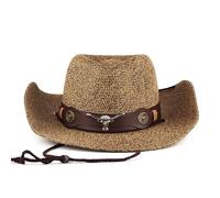 JIAHG Chapeau de Cowboy Unisexe en Paille - Style Western et Panama Pour l'Été - Protection Soleil - Design Pirate Pour la Plage, Marron Café, 56-58
