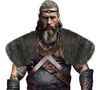 JIAHG Col en Fausse Fourrure Pirate Cosplay pour Homme Femme Cape d'épaule Thermique avec Bandeau Guerrier en PU Cuir Châle Étole Accessoires de Déguisement Halloween Carnaval