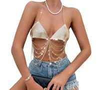 JIAHG Débardeur à Paillettes Dos Nu col V Femmes Sexy Soutien-Gorge à Franges d'étoiles Haut de Danse à Sequin Jazz Latine Danse du Ventre Top à Paillettes Club Bar Plage Crop Top Clubwear Dancewear