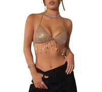 JIAHG Débardeur à Paillettes Dos Nu col V Femmes Sexy Soutien-Gorge à Franges d'étoiles Haut de Danse à Sequin Jazz Latine Danse du Ventre Top à Paillettes Club Bar Plage Crop Top Clubwear Dancewear