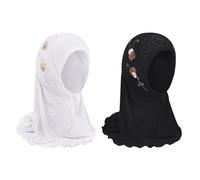 JIAHG Hijab Fille Musulmane 2-7 ans Hijab à Enfiler avec Bonnet Intégré Doux Confort Foulard de Tête Protection Solaire Printemps Été Bonnet Écharpe Arabe Indienne Africaine (A04, Noir + Blanc)