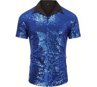 JIAHG Homme Chemise à Pailletes Manches Courtes Vintage Disco Chemise à Sequin 1970s Hippies Top à Pailletes Scintillant à Boutons Col à Revers Veste de Club Costume de Danse Bal Soirée Cosplay