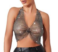 JIAHG Top en Maille Club Sexy Femmes Débardeur à Paillettes Col V Dos Nu Soutien-Gorge Transparent Haut à Sequin Bar Plage Crop Top Clubwear Dancewear Jazz Latine