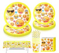 Jiahuade Lot de 61 vaisselle de fête Emoji pour anniversaire d'enfant - Avec assiettes en carton, gobelets, serviettes, pailles - Pour 10 invités