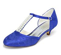 JIAJIA 01129 Chaussures de Mariée pour Femme Bout Fermé T-Strap Bas Talon Dentelle Satin Pompes Imitation Chaussures de Mariage Couleur Bleu, Taille 37 EU