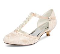 JIAJIA 01129 Chaussures de Mariée pour Femme Bout Fermé T-Strap Bas Talon Dentelle Satin Pompes Imitation Chaussures de Mariage Couleur Champagne, Taille 39 EU