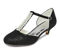 JIAJIA 01129 Chaussures de Mariée pour Femme Bout Fermé T-Strap Bas Talon Dentelle Satin Pompes Imitation Chaussures de Mariage Couleur Noir, Taille 39 EU