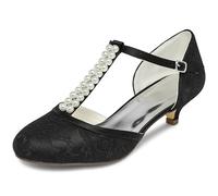 JIAJIA 01129 Chaussures de Mariée pour Femme Bout Fermé T-Strap Bas Talon Dentelle Satin Pompes Imitation Chaussures de Mariage