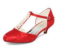 JIAJIA 01129 Chaussures de Mariée pour Femme Bout Fermé T-Strap Bas Talon Dentelle Satin Pompes Imitation Chaussures de Mariage Couleur Rouge, Taille 41 EU
