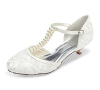 JIAJIA 01129 Chaussures de Mariée pour Femme Bout Fermé T-Strap Bas Talon Dentelle Satin Pompes Imitation Chaussures de Mariage Couleur Ivoire, Taille 41 EU