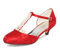 JIAJIA 01129 Chaussures de Mariée pour Femme Bout Fermé T-Strap Bas Talon Dentelle Satin Pompes Imitation Chaussures de Mariage Couleur Rouge, Taille 39 EU