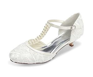 JIAJIA 01129 Chaussures de Mariée pour Femme Bout Fermé T-Strap Bas Talon Dentelle Satin Pompes Imitation Chaussures de Mariage Couleur Ivoire, Taille 41 EU