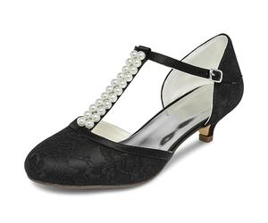 JIAJIA 01129 Chaussures de Mariée pour Femme Bout Fermé T-Strap Bas Talon Dentelle Satin Pompes Imitation Chaussures de Mariage